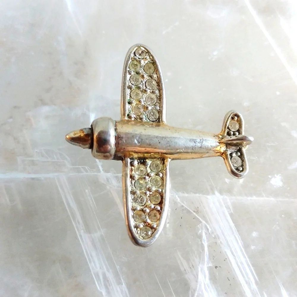VINTAGE COOK L SOLID SILVER PIN AIRPLANE CRYSTALS SIGNED HALLMARKS